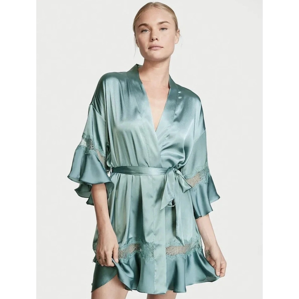 New‎ Victoria's Secret Flounce Teal Satin Robe size M/L **read**